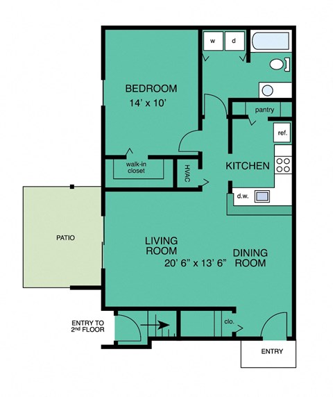 Floor plan for 1 bed, 1 bath, 799 sqft